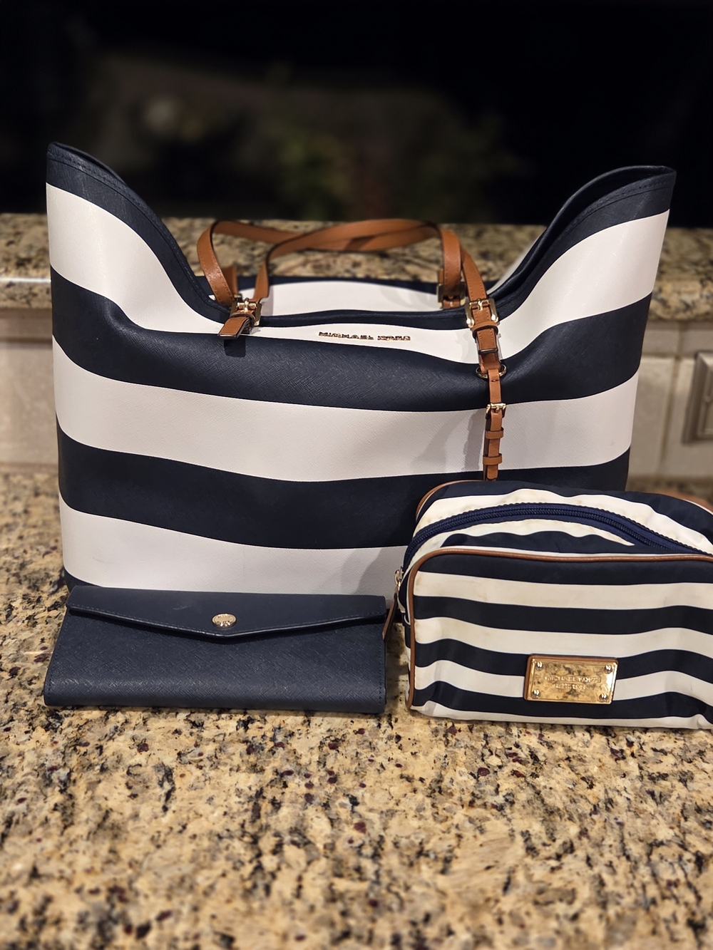 Michael Kors Navy and White Striped LEATHER Tote with Wallet and Cosmetic Pouch
